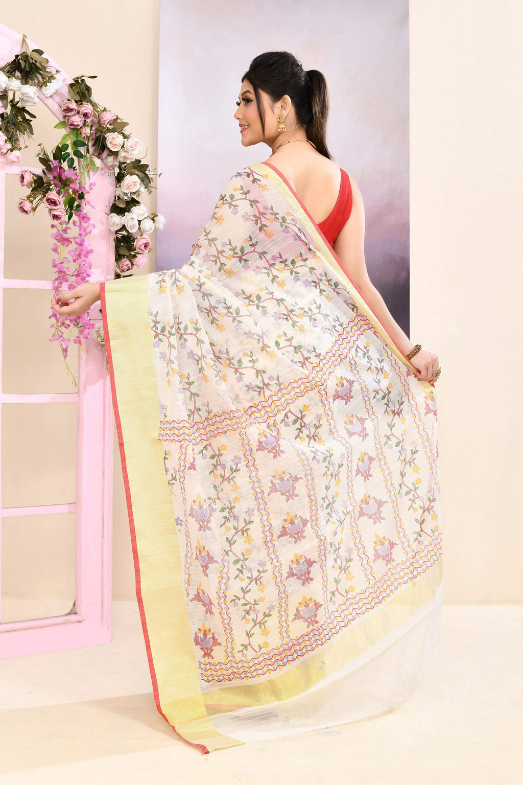 Piyari Fashion Women's White Embellished Cotton Blend Printed Saree | Grocsy