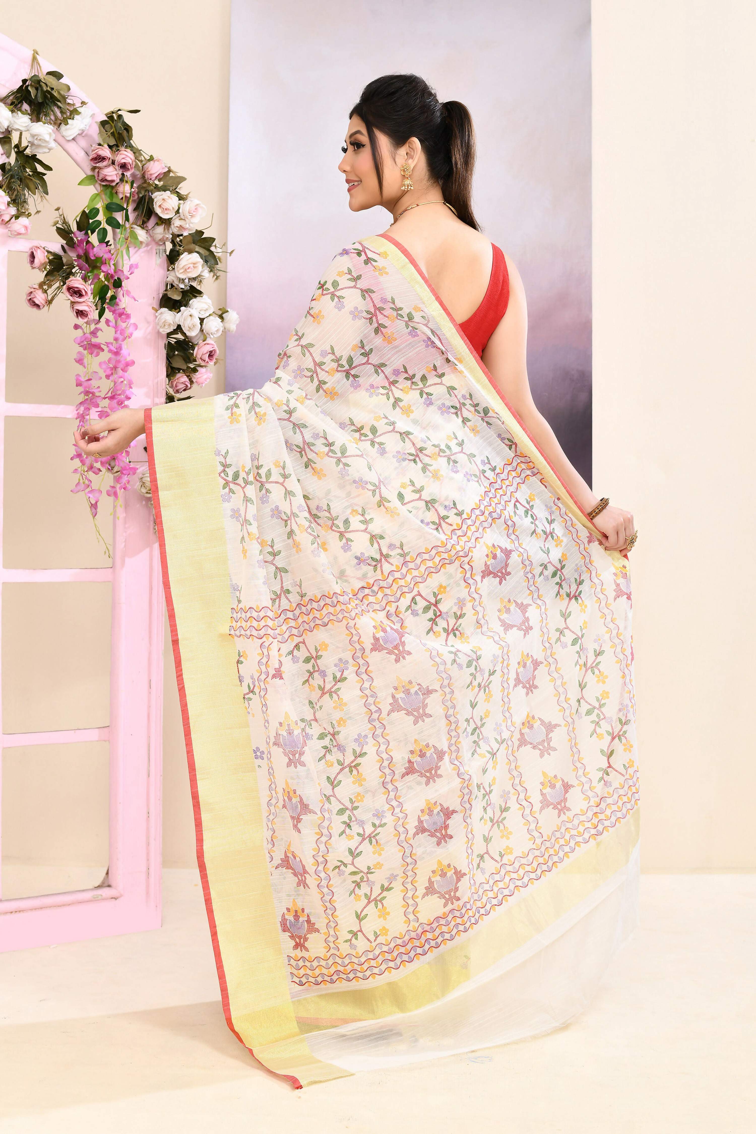 Piyari Fashion Women's White Embellished Cotton Blend Printed Saree | Grocsy