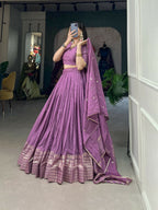 Lorenvalley Lavender Pure Chanderi Plain With Zari Weaving Work Border Lehenga Choli | Grocsy