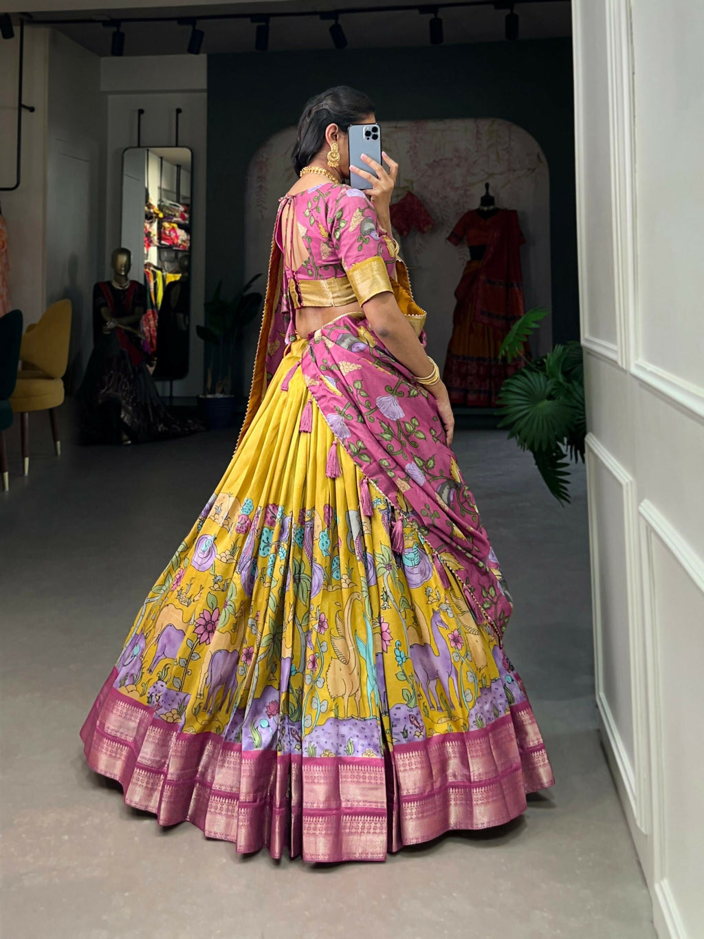 Vastranavya Kalamkari Printed Dola Silk Lehenga Choli - Mustard | Grocsy