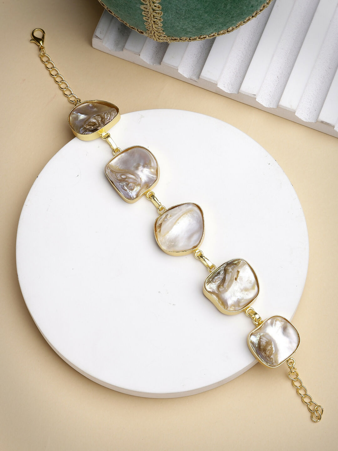 NVR Women's Gold-Polished Handcrafted Mother of Pearl Link Bracelet | Grocsy
