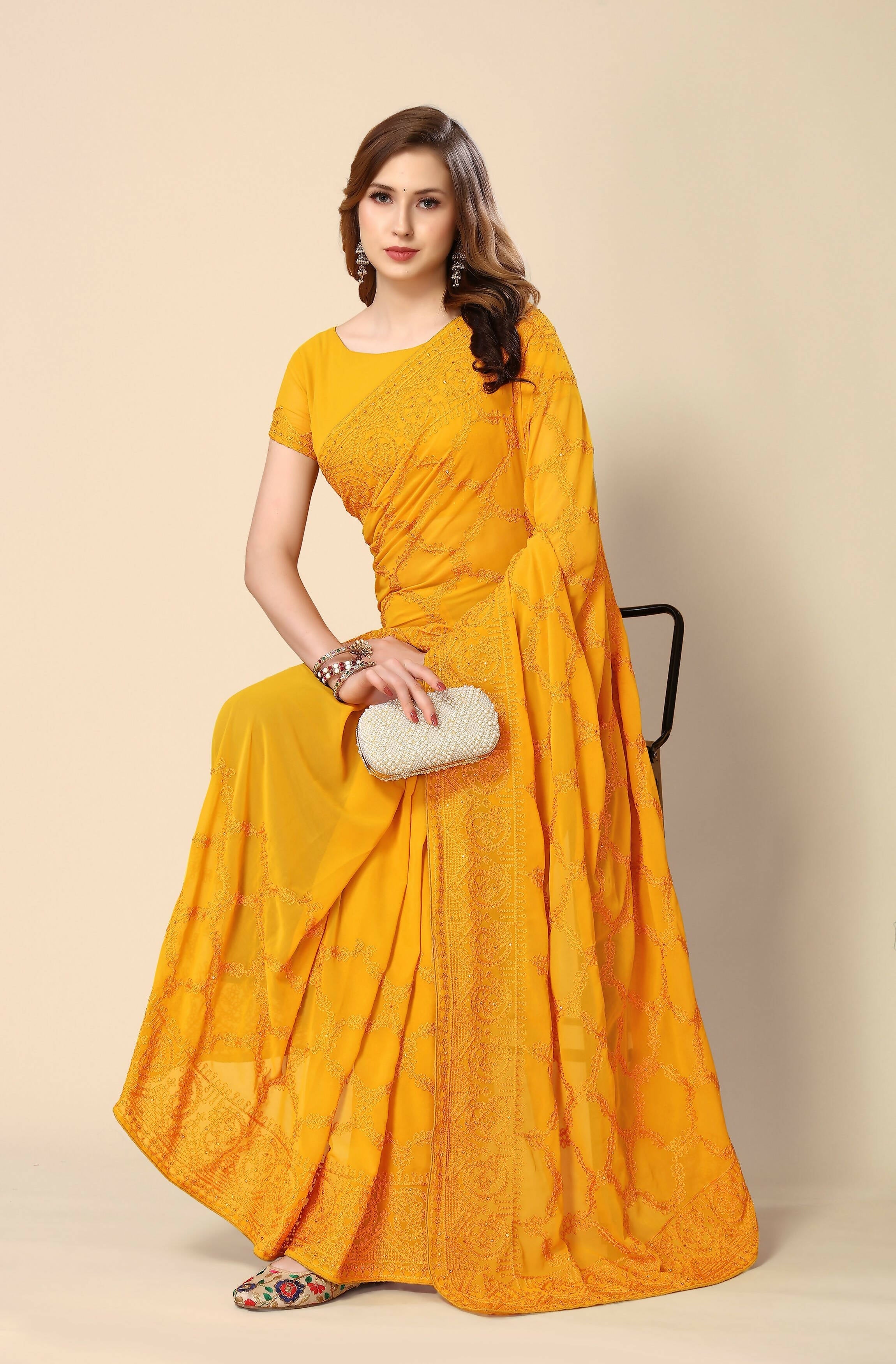 Mustard Georgette Embroidered and Stone Work Saree with Unstitched Blouse Piece - Roozal | Grocsy