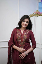 The52 Women's Beautiful Rayon Slub Fabric Thread Work Straight Kurta Pant and Dupatta Set | Grocsy