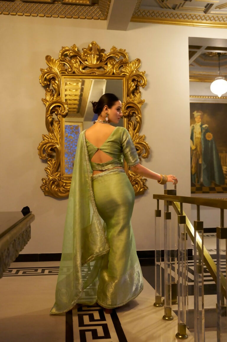 Vastranavya Pista Tissue Shimmer Zari Weaving Work Saree with Unstitched Blouse | Grocsy