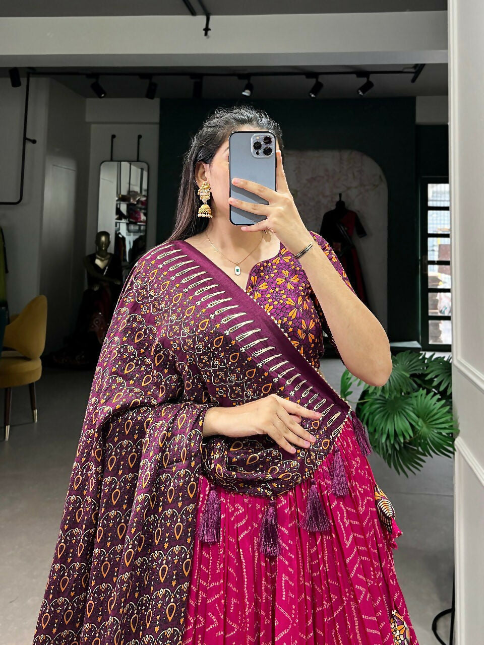 Vastranavya Bandhej And Ajarakh Print Tussar Silk Lehenga Choli - Pink | Grocsy