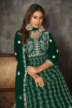Jyoti Fashion Women's Green Net Embroidered Anarkali Kurta Pant Set With Dupatta | Grocsy