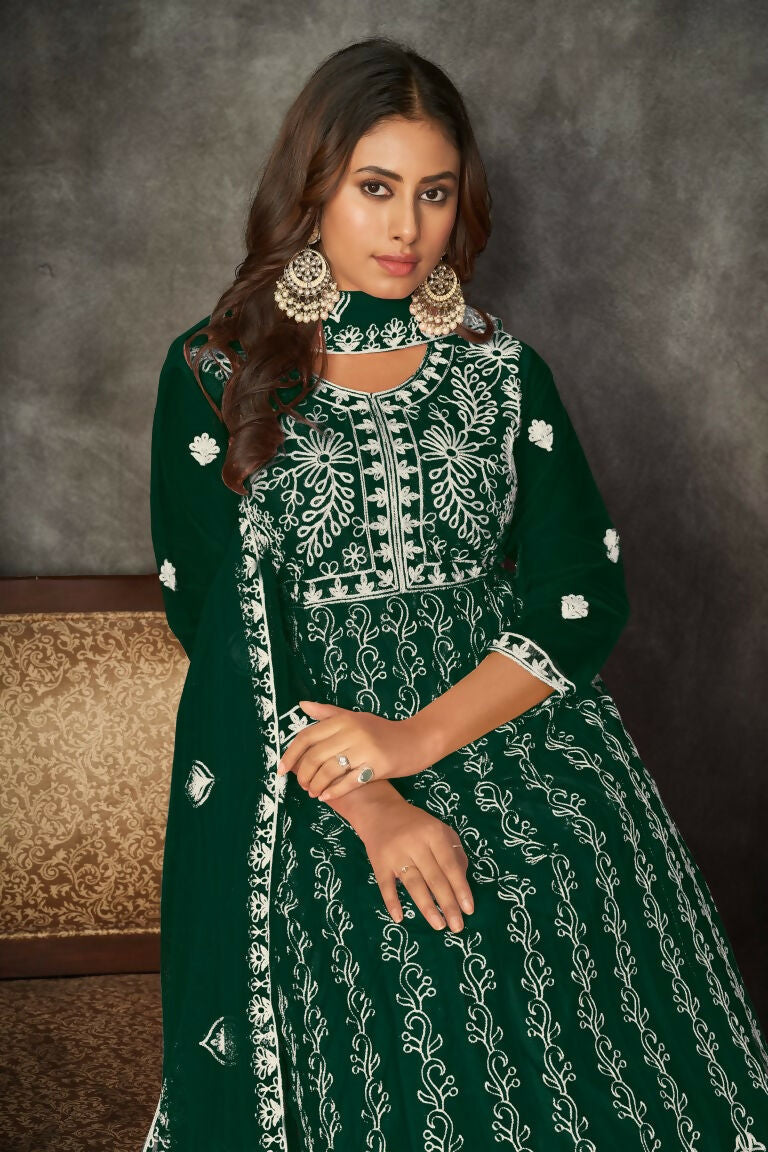 Jyoti Fashion Women's Green Net Embroidered Anarkali Kurta Pant Set With Dupatta | Grocsy
