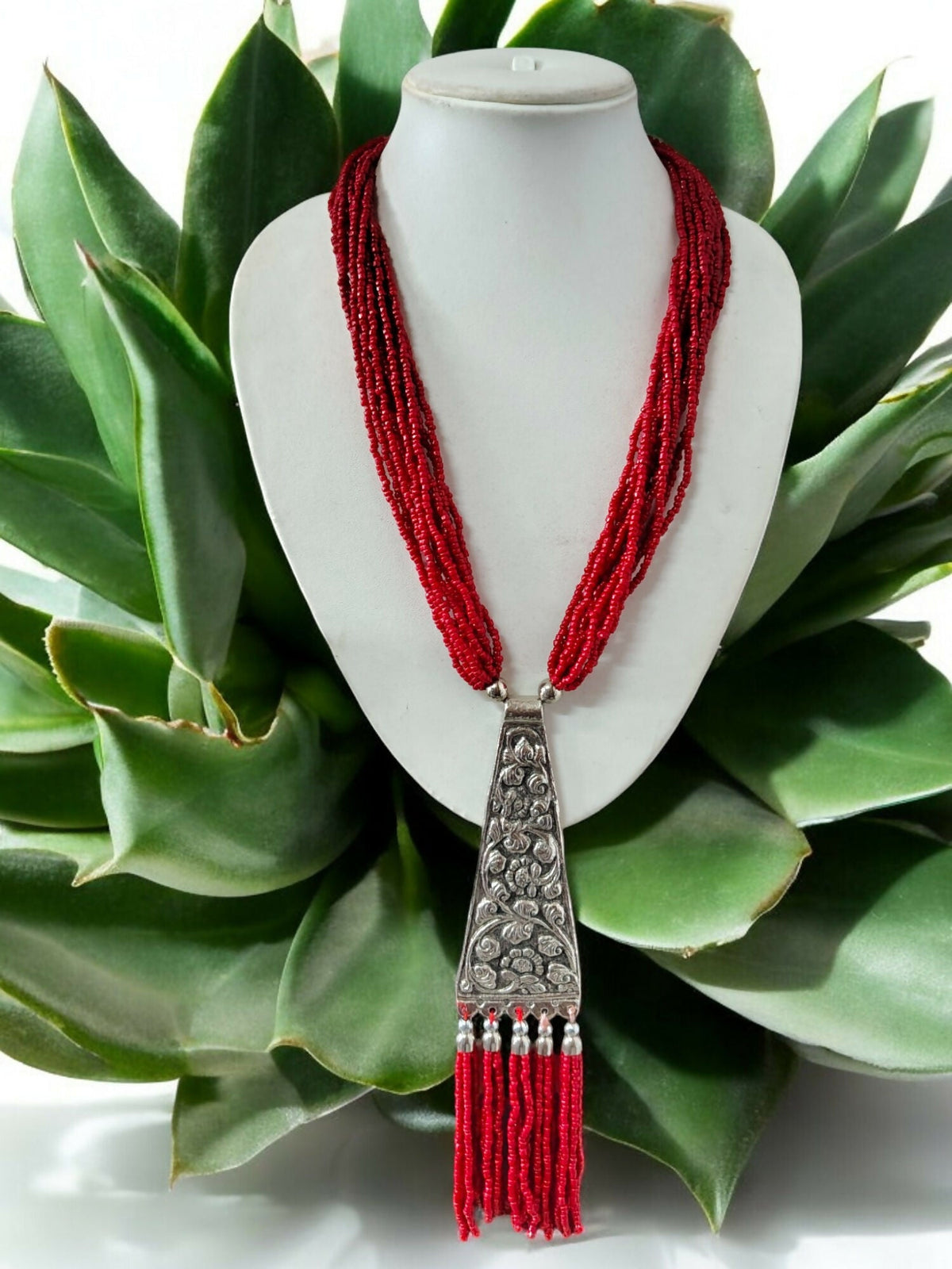 Inhanns Day-To-Dinner Tie Shaped Oxidized Black Metal Multi-Layered Long Only Necklace - Red Necklace | Grocsy