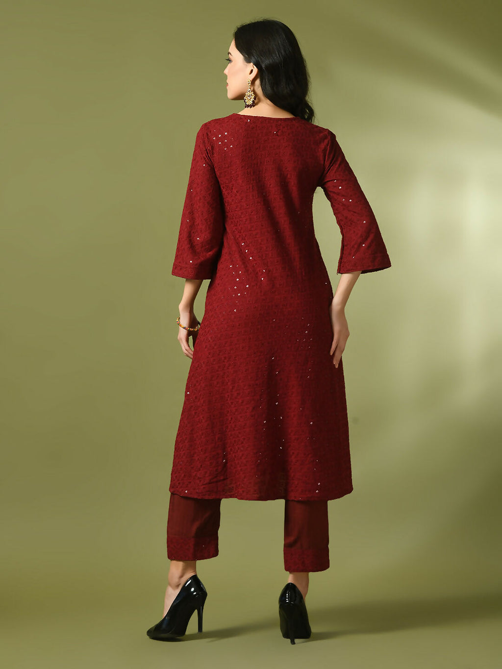Myshka Women's Maroon Embroidered Cotton A-Line Party Kurta Set | Grocsy