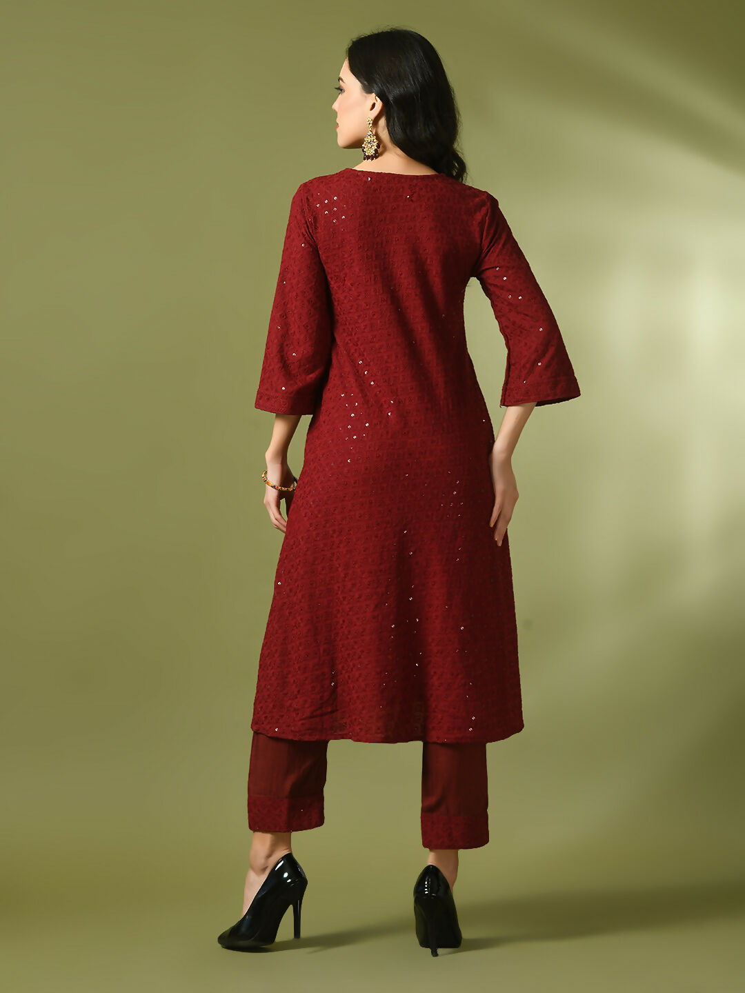 Myshka Women's Maroon Embroidered Cotton A-Line Party Kurta Set | Grocsy