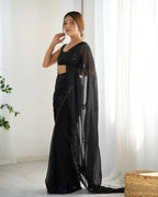 Attractive Looking Georgette Thread, Sequance Embroidery Work Party Wear Saree - Black | Grocsy