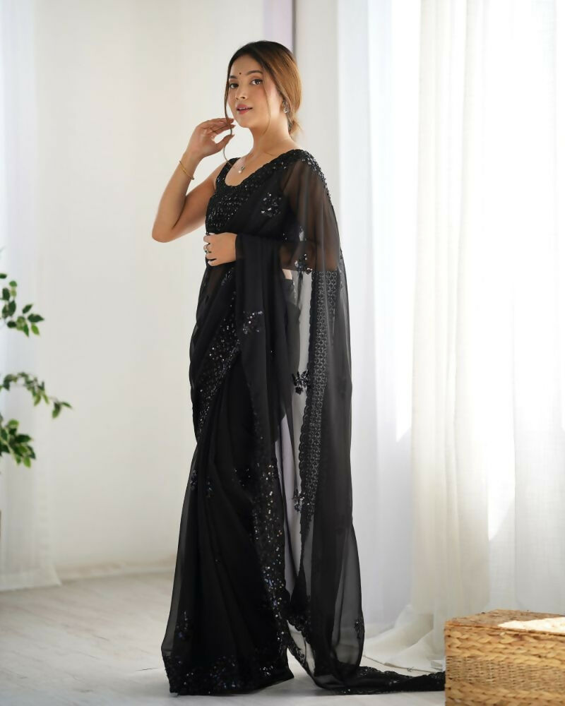 Attractive Looking Georgette Thread, Sequance Embroidery Work Party Wear Saree - Black | Grocsy