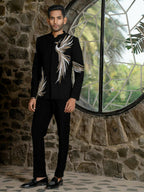 Black Bandhgala Elegance – Peacock Embroidery by Hilo Design | Grocsy