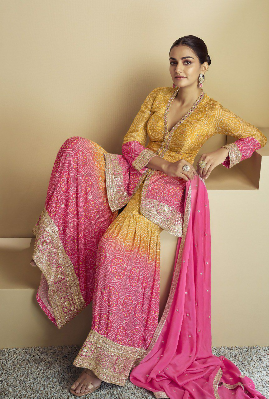 Lorenvalley Fashion Yellow and Pink Chinon Embroidery With Sequince Work Salwar Kameez Stitched | Grocsy
