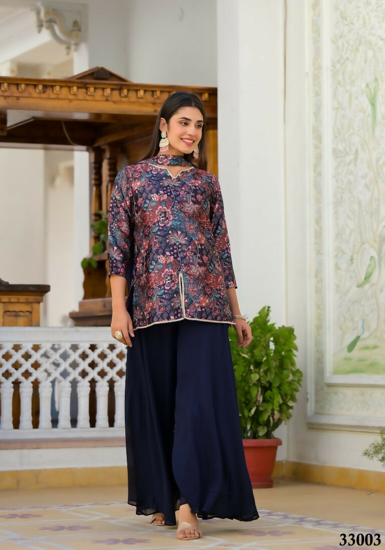 Designer Stylish Navy Blue Dull satin Stitched Suit With Dupatta - Samya | Grocsy
