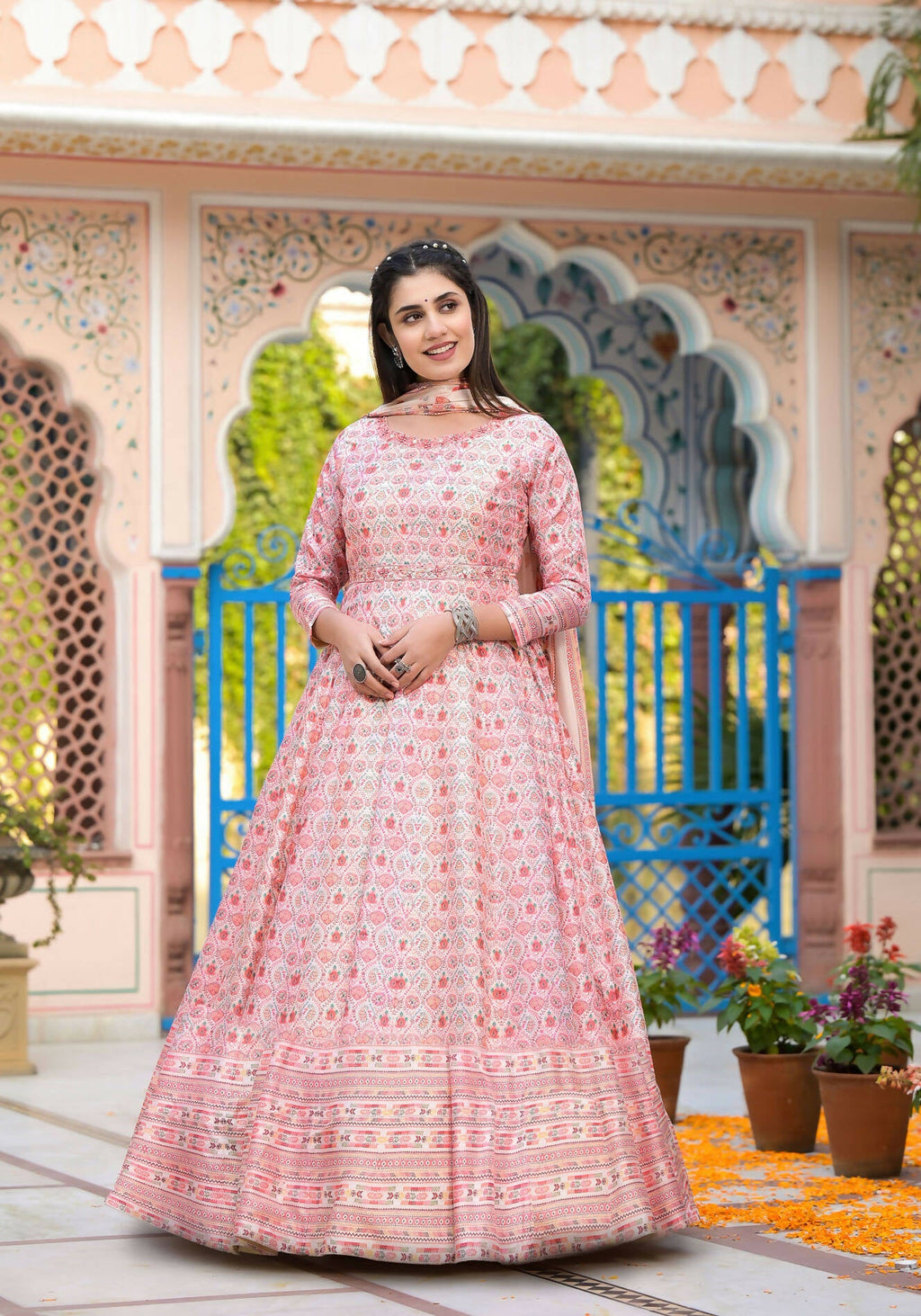 Functional Designer Off White-Light Pink Dola Silk Anarkali suit with Dupatta - Ramya | Grocsy