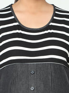 Manet Half Sleeves Maternity Dress White Striped With Concealed Zipper Nursing Access - Black | Grocsy