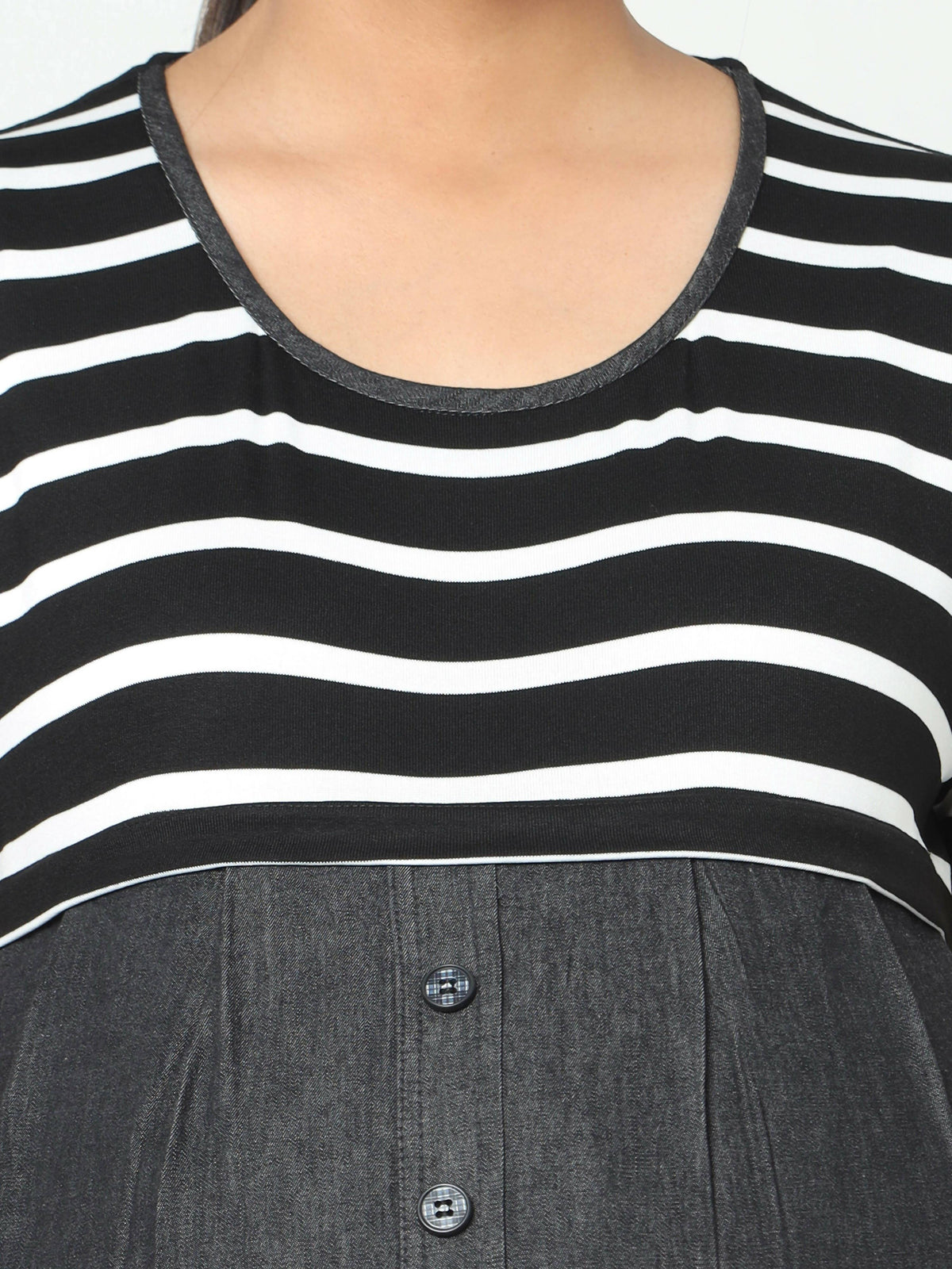 Manet Half Sleeves Maternity Dress White Striped With Concealed Zipper Nursing Access - Black | Grocsy