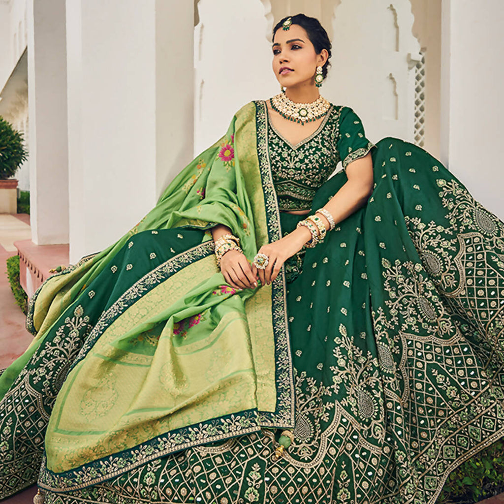 Green Heavy Viscose Khatli, Embroidery & Mirror Work Unstitched Lehenga Choli - Sisha Keshav | Grocsy