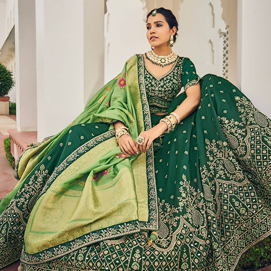 Green Heavy Viscose Khatli, Embroidery & Mirror Work Unstitched Lehenga Choli - Sisha Keshav | Grocsy
