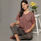 Breathables Women Cotton Printed Loungewear Kurta And Pants Co-Ord Set Red & Navy I Nightwear | Grocsy