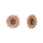 Nuyug 22K Gold Plated Faux Smoky Quartz & White Crystal Studded Contemporary Floral Shaped Studs | Grocsy