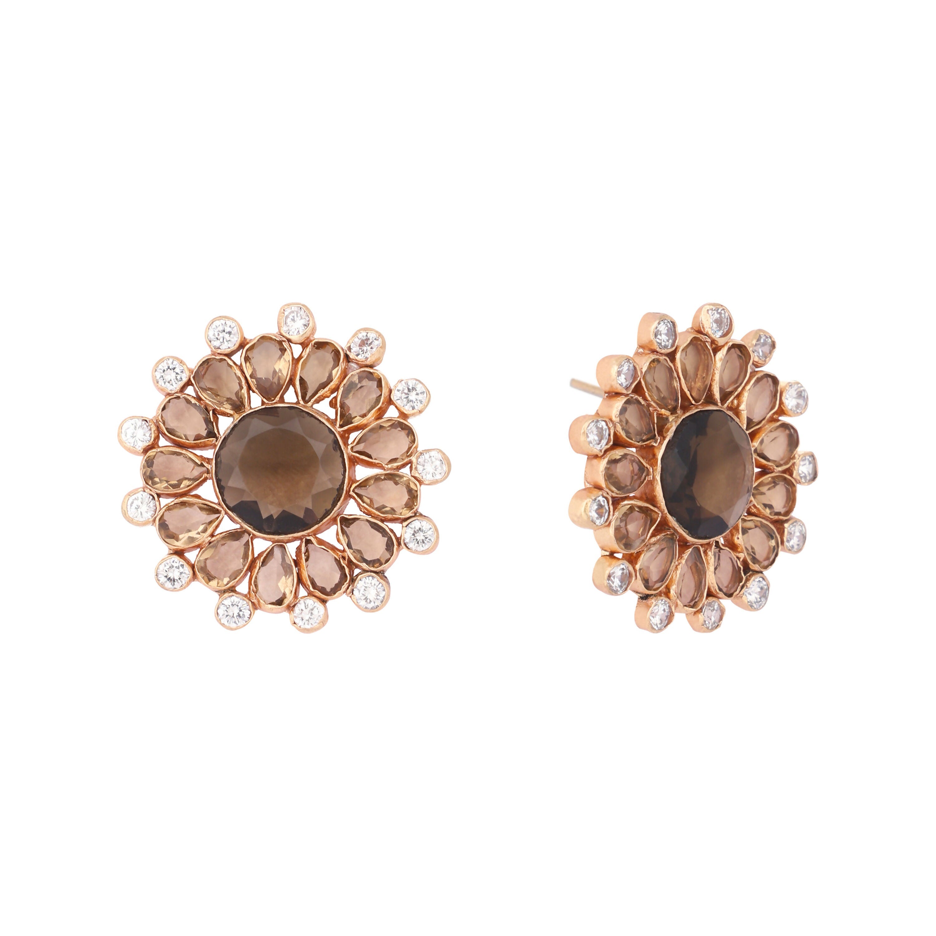 Nuyug 22K Gold Plated Faux Smoky Quartz & White Crystal Studded Contemporary Floral Shaped Studs | Grocsy