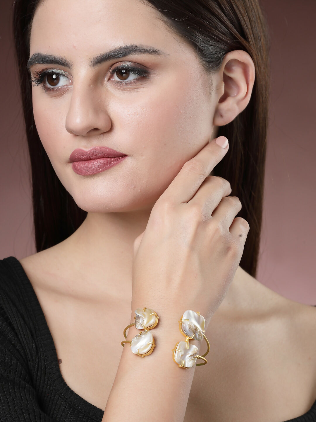 NVR Women's Gold-Polished Mother of Pearl Handcrafted Cuff Bracelet | Grocsy