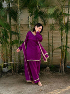 Teeya Creation New Trendy Elegant Wine Chanderi Silk Kurta Set with Delicate Lace Detailing and Matching Dupatta | Grocsy