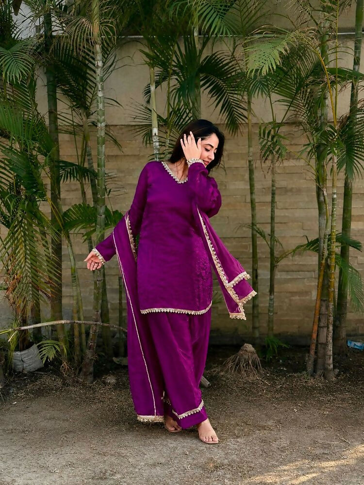 Teeya Creation New Trendy Elegant Wine Chanderi Silk Kurta Set with Delicate Lace Detailing and Matching Dupatta | Grocsy