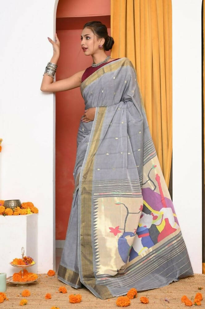 Very Much Indian Handloom Grey Cotton Paithani With Radha Krishna Pallu | Grocsy