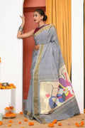 Very Much Indian Handloom Grey Cotton Paithani With Radha Krishna Pallu | Grocsy
