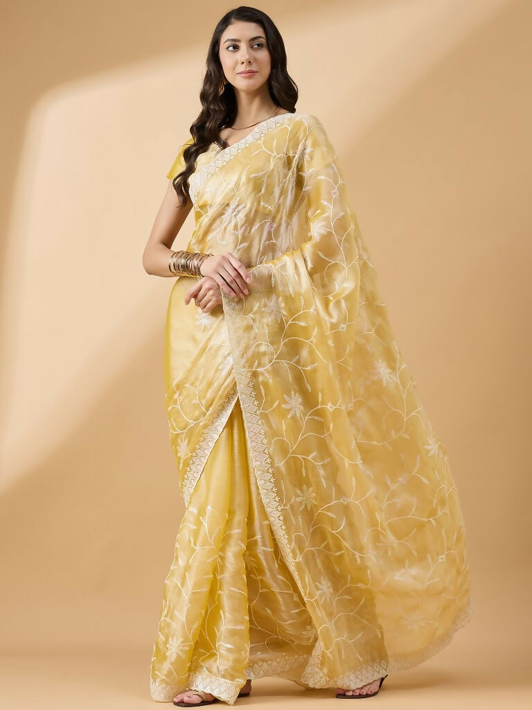 Yellow Tissue Slub Embroidered Saree with Unstitched Blouse - Vairagi | Grocsy