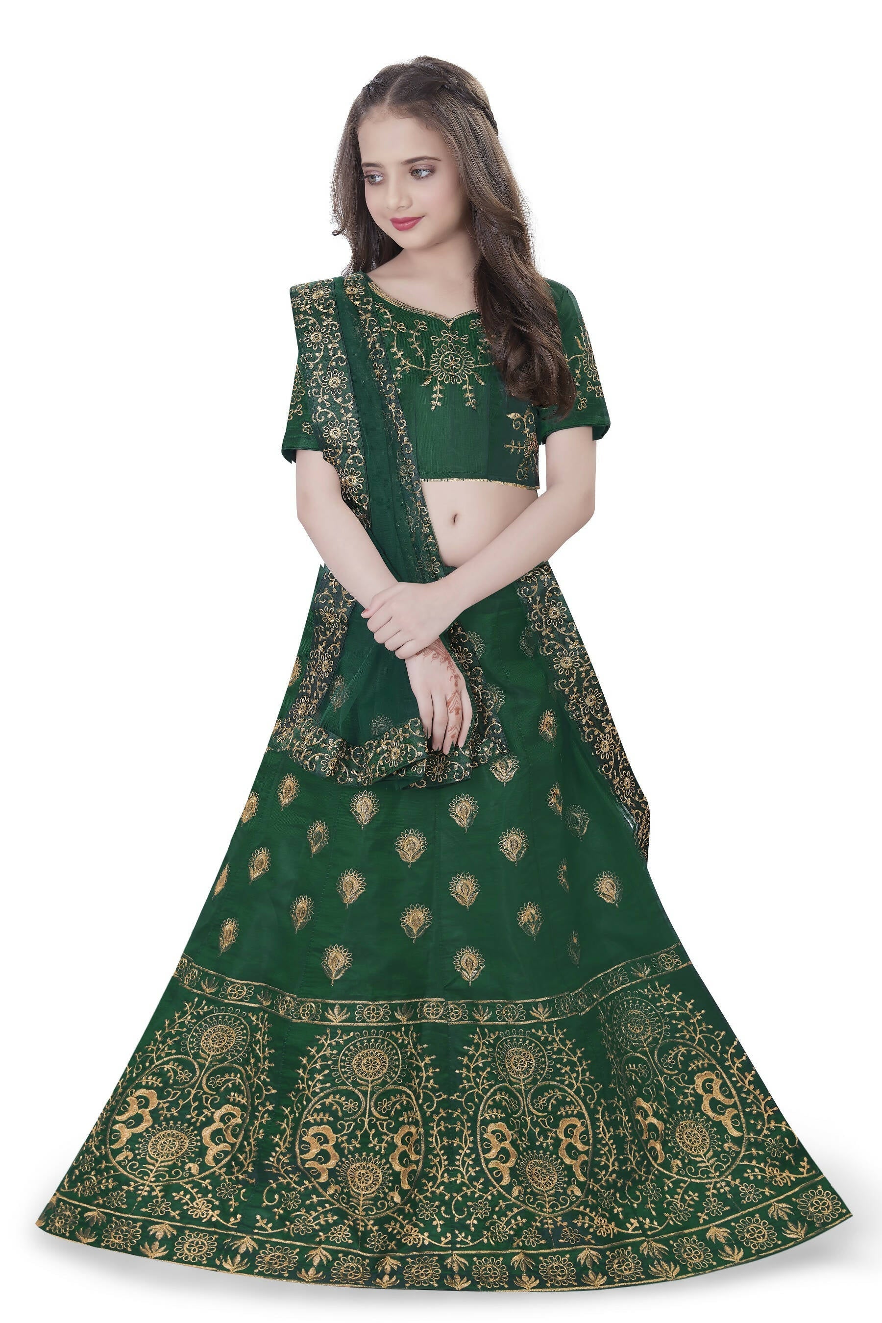 Dwiden Green Gulab Tafetta Sattin Semi-Stitched Girl'S Lehenga Choli | Grocsy