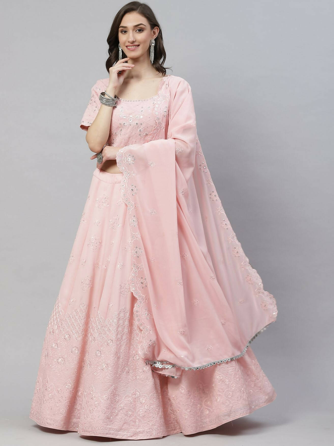 Pink Georgette Thread with Sequins Embroidered work Lehenga Choli with Dupatta - Jivika | Grocsy