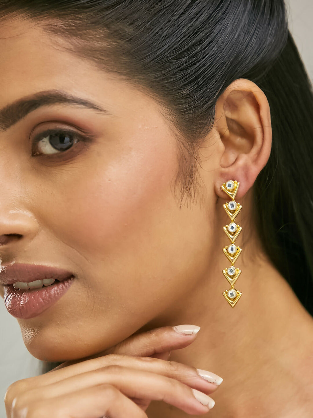Nuyug 18K Gold-Plated Crystal Stone Studded Triangular Drop Sleek Earrings | Grocsy