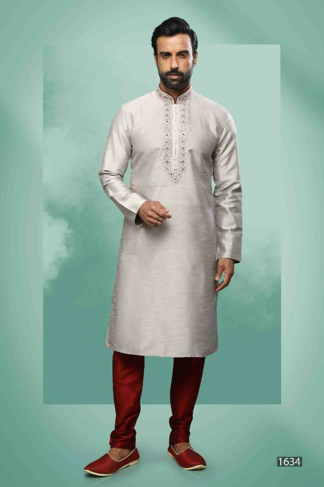 Raivat Ethnic Art Silk Mirror Embroidery Work Kurta Pajama In Grey Colour | Grocsy