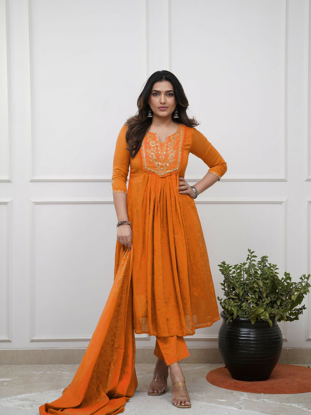 The52 Women's Beautiful Cotton Fabric Embroidery Work Straight Kurta Pant and Dupatta Set | Grocsy