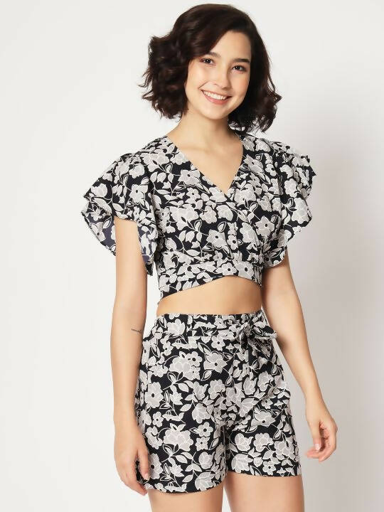 Black Crepe Floral Printed Top with Matching Shorts Set - Shivani | Grocsy