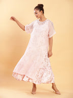 BohoJazz Bohemian Signature Layered Maxi Dress with Motif - Pink | Grocsy