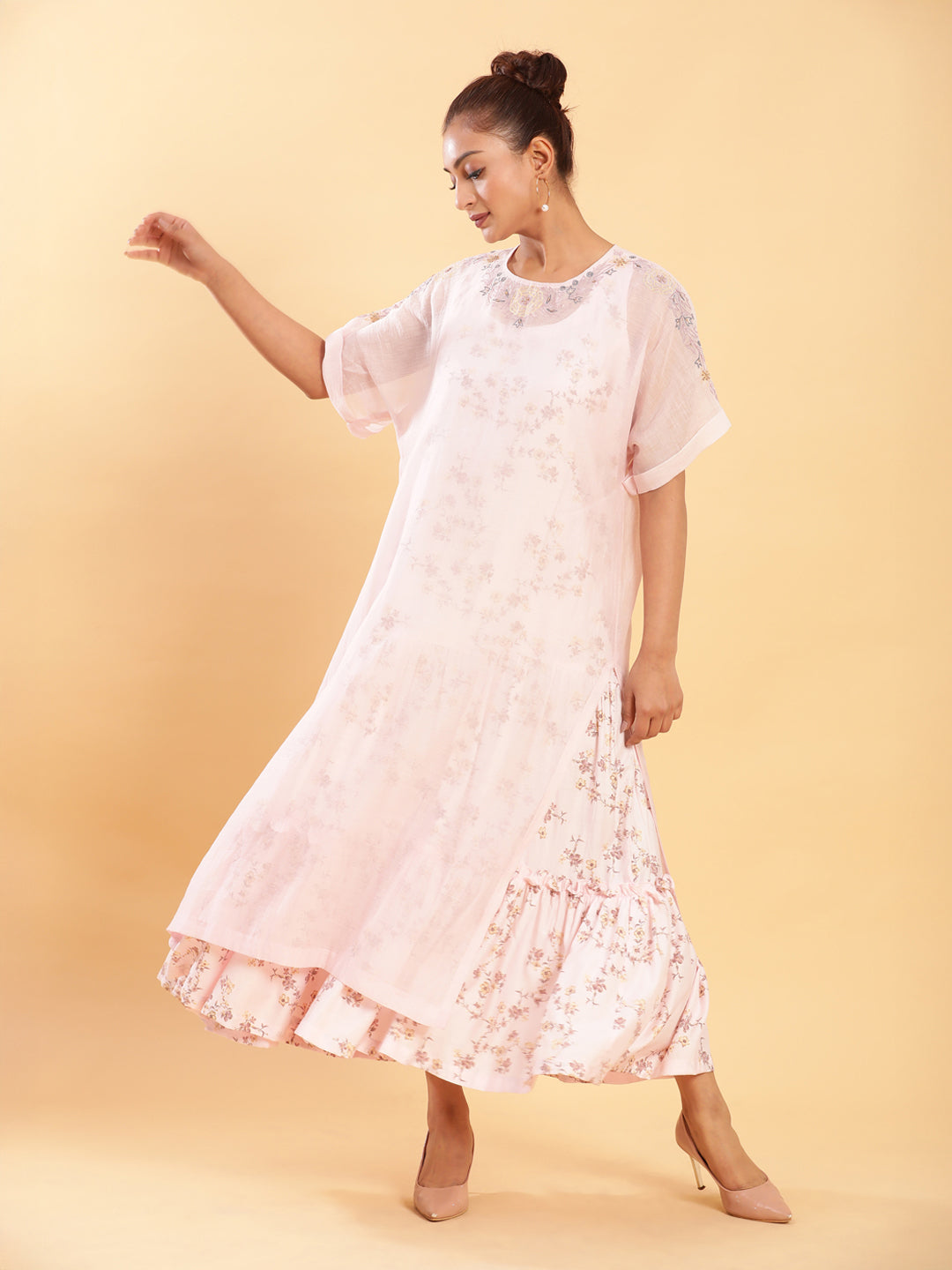 BohoJazz Bohemian Signature Layered Maxi Dress with Motif - Pink | Grocsy