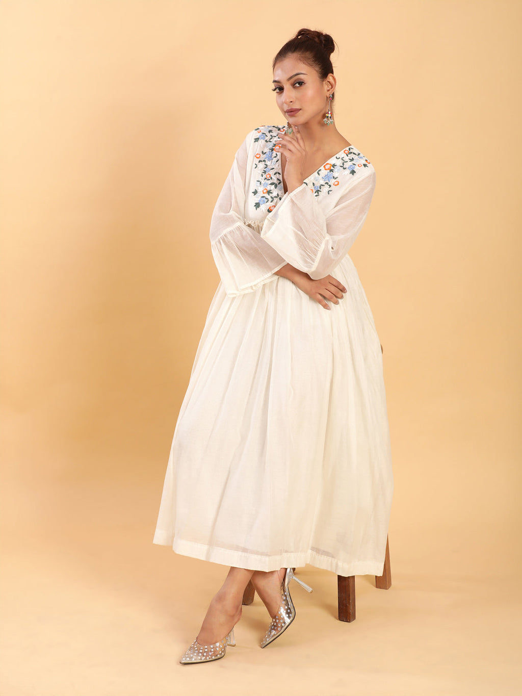 BohoJazz Bohemian Signature Layered Maxi Dress with Motif - White | Grocsy
