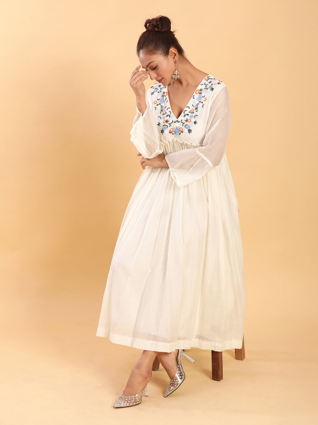 BohoJazz Bohemian Signature Layered Maxi Dress with Motif - White | Grocsy