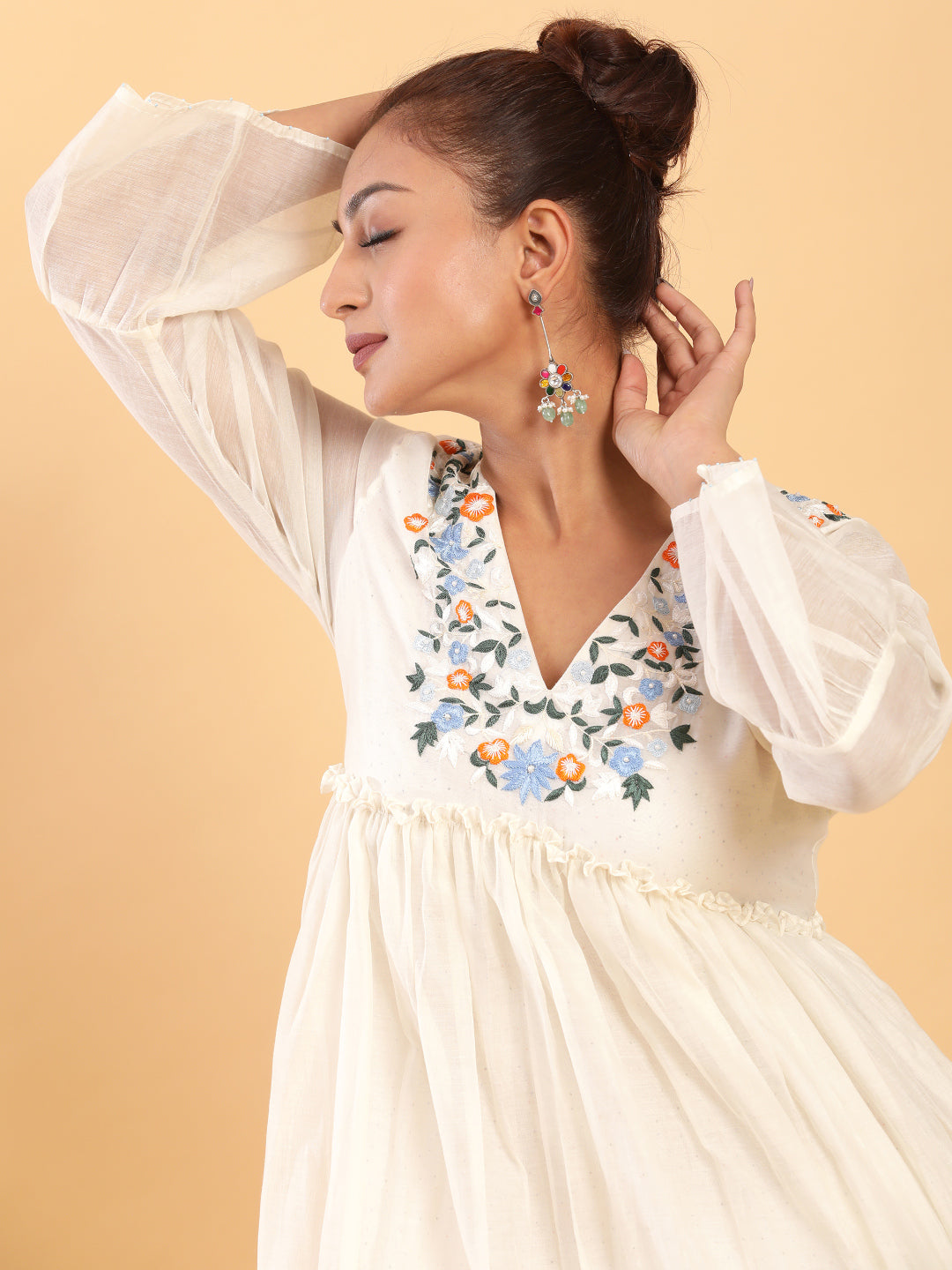 BohoJazz Bohemian Signature Layered Maxi Dress with Motif - White | Grocsy