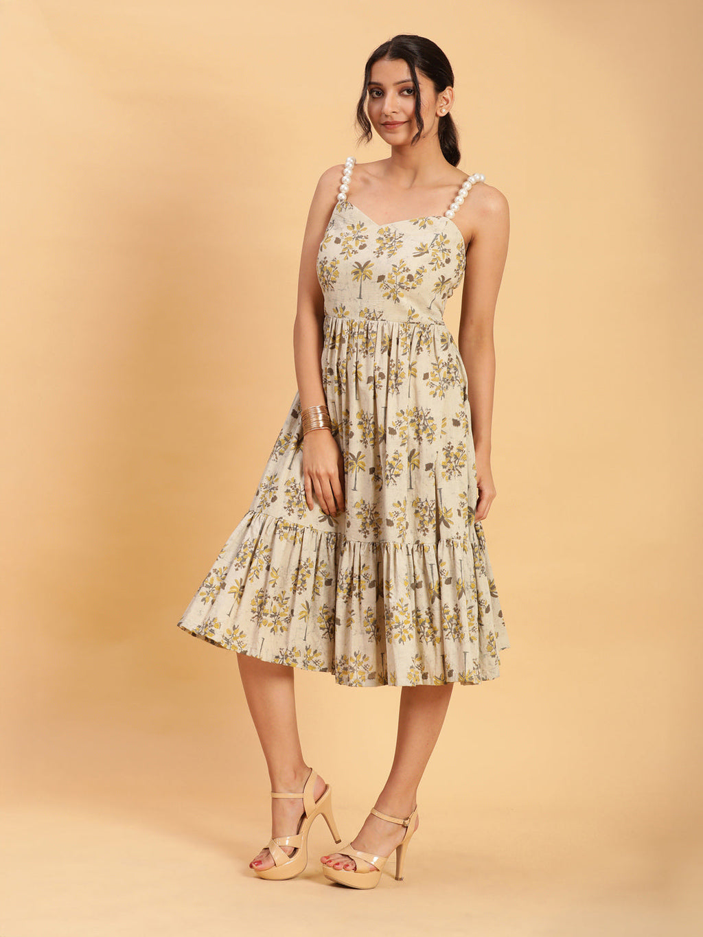BohoJazz Handblock Boho Dress with Ornate Pearl Straps | Grocsy