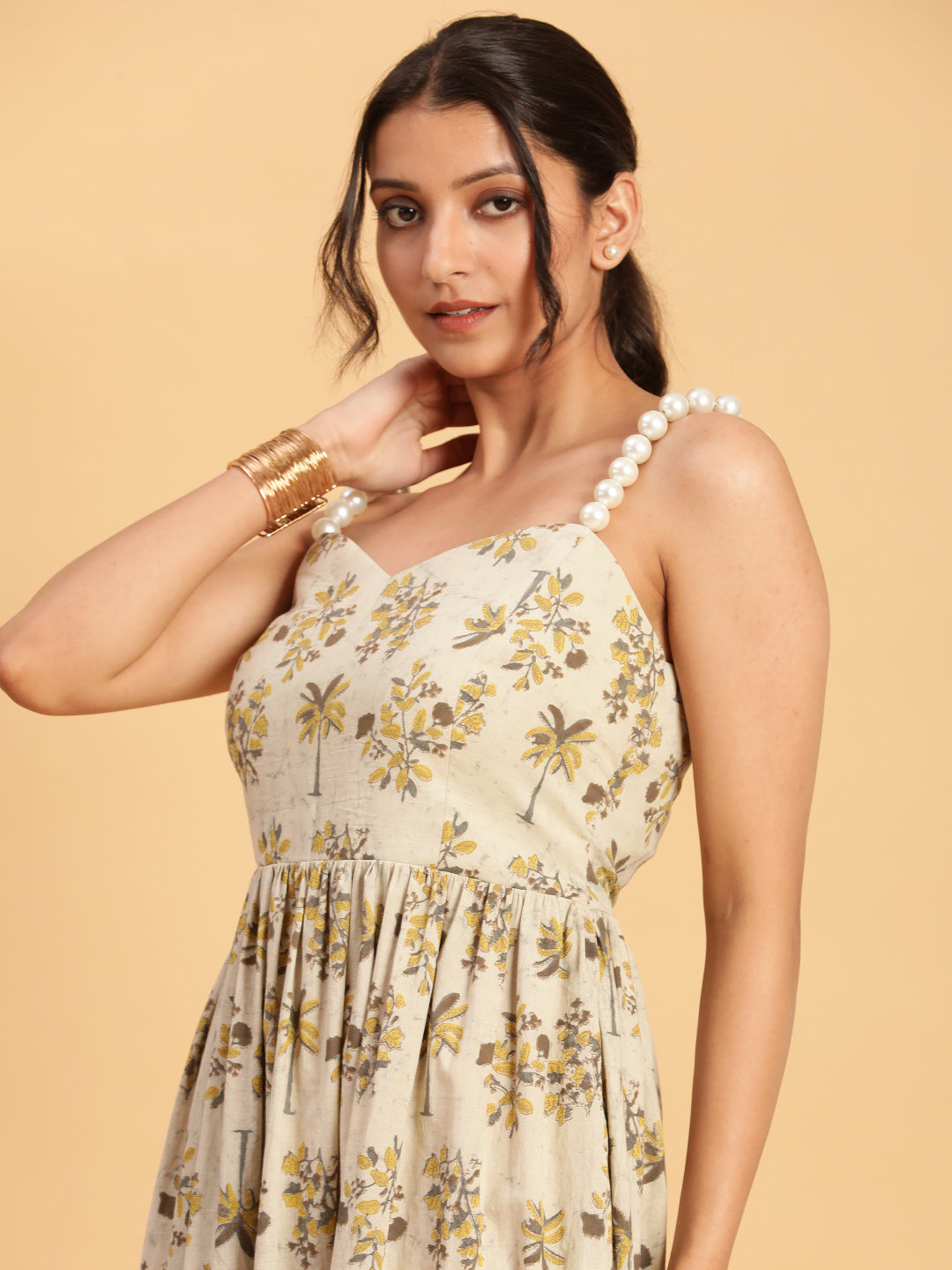 BohoJazz Handblock Boho Dress with Ornate Pearl Straps | Grocsy