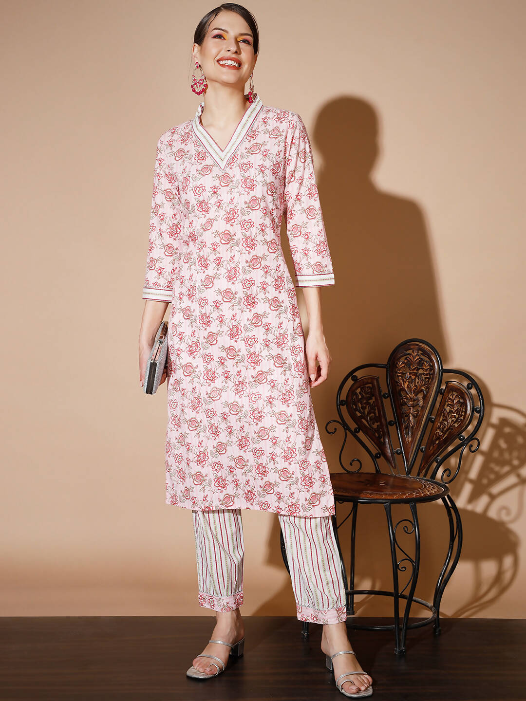 Myshka Women Pink Floral Kurta & Trousers | Grocsy