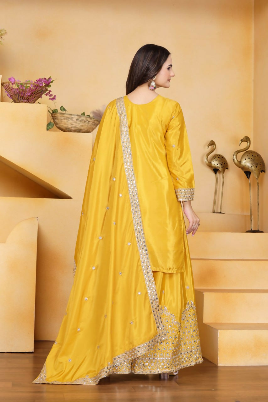 Teeya Creation Yellow Color Natural Crepe Silk Wedding Wear Trending Palazzo Set | Grocsy