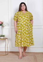 Miravan Plus Size Women'S Yellow Printed Puff Sleeve Floral Maxi Party Dress | Grocsy