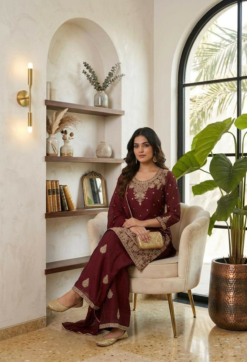 Teeya Creation New Latest Stylish Kurta Palazzo Set - Red | Grocsy